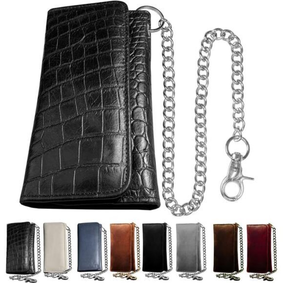 Other - Chain Wallet for Men – 100% Natural Genuine Leather, Long Trifold RFID Blocking